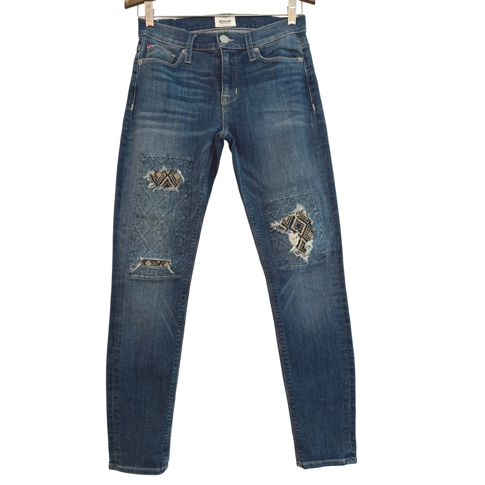 Hudson Nico Midrise Skinny Ankle Jeans Distressed Embroidered Patch SIze 26